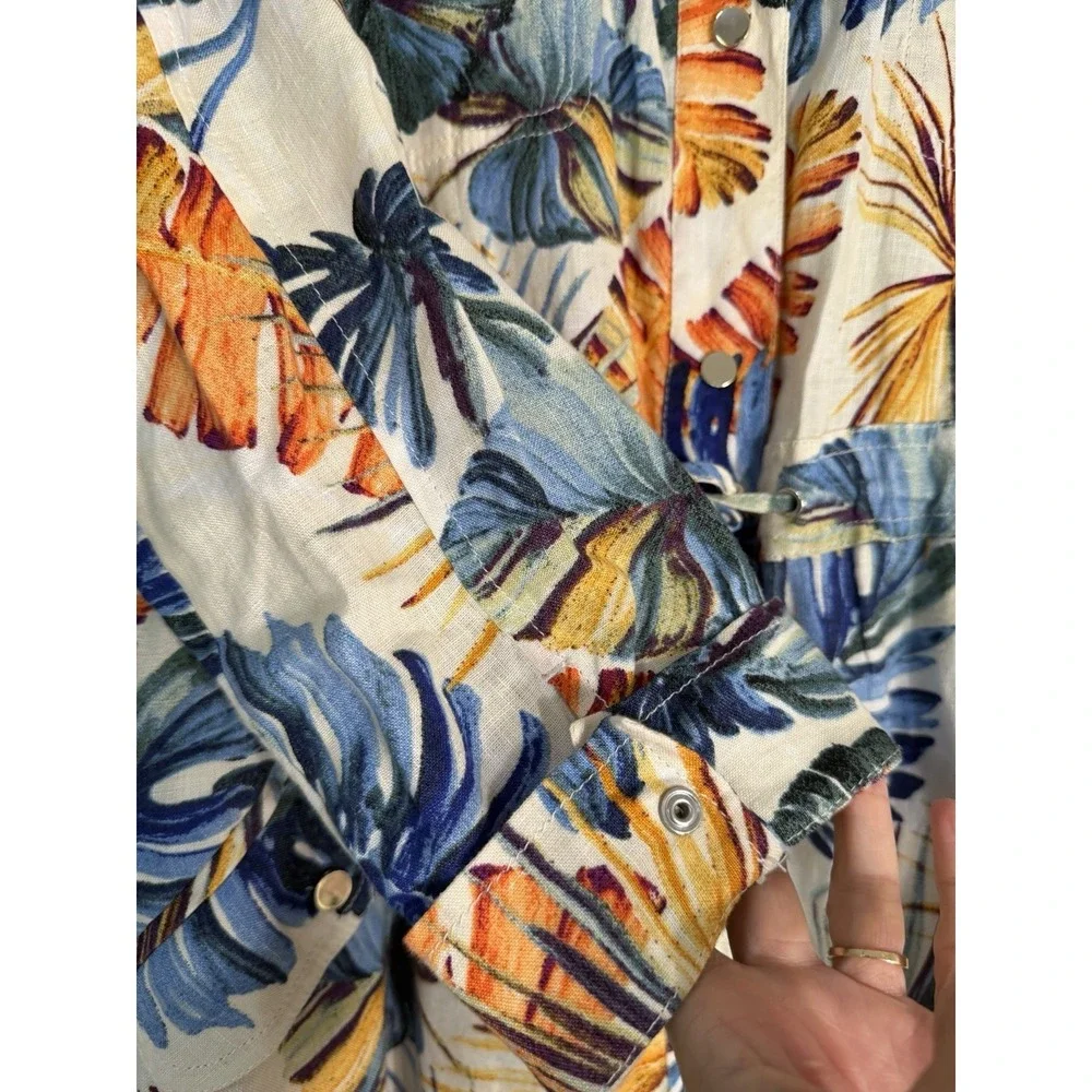 Chico's Palm-Print Tropical Linen Utility Summer Jacket Sz 3 (16/18) Resort Vaca